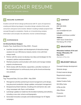 A designer resume example with a green header to make the applicant's name stand out