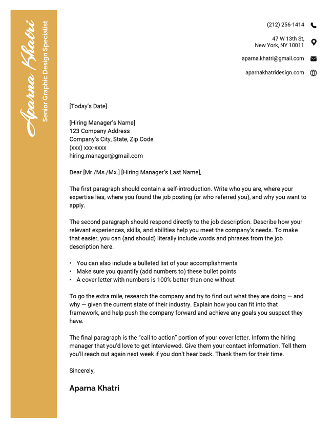The Detailed creative cover letter template in yellow