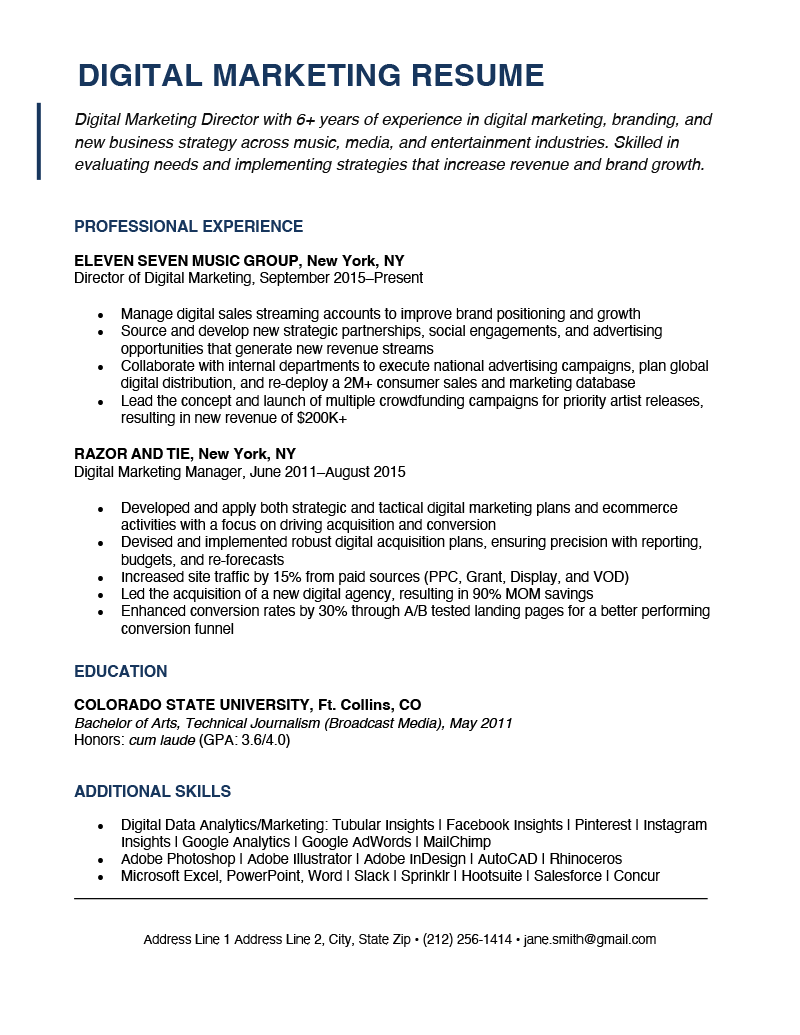 Digital marketing resume sample