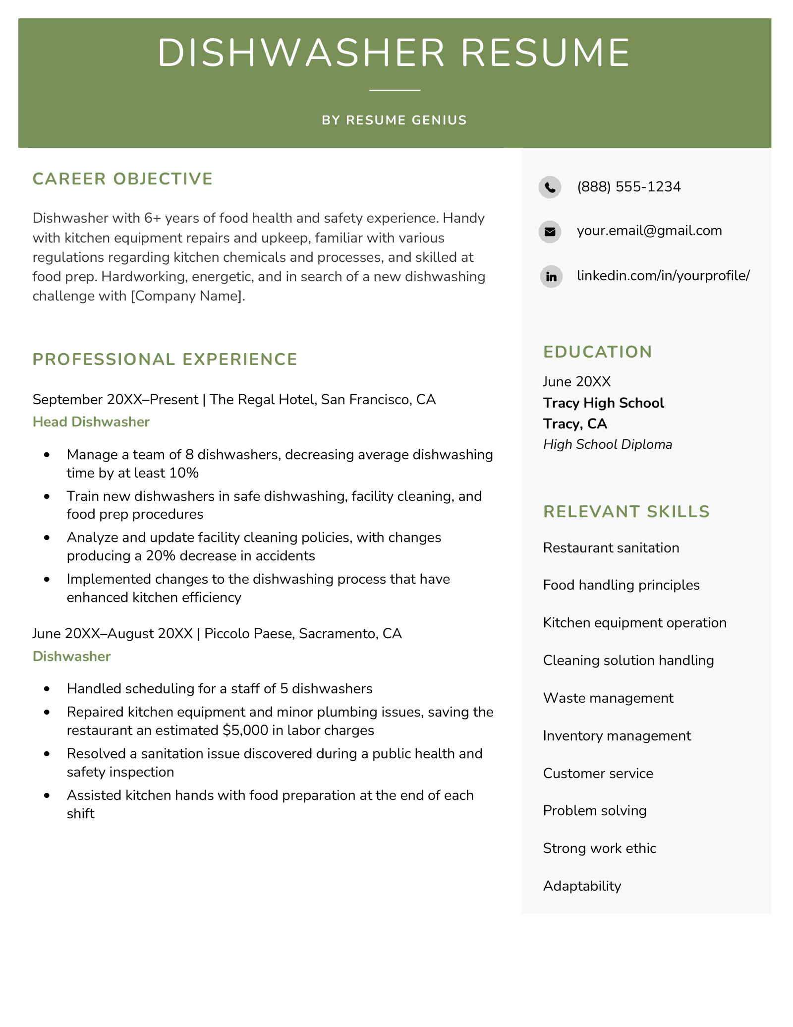 Dishwasher Prep Cook Job Description Resume