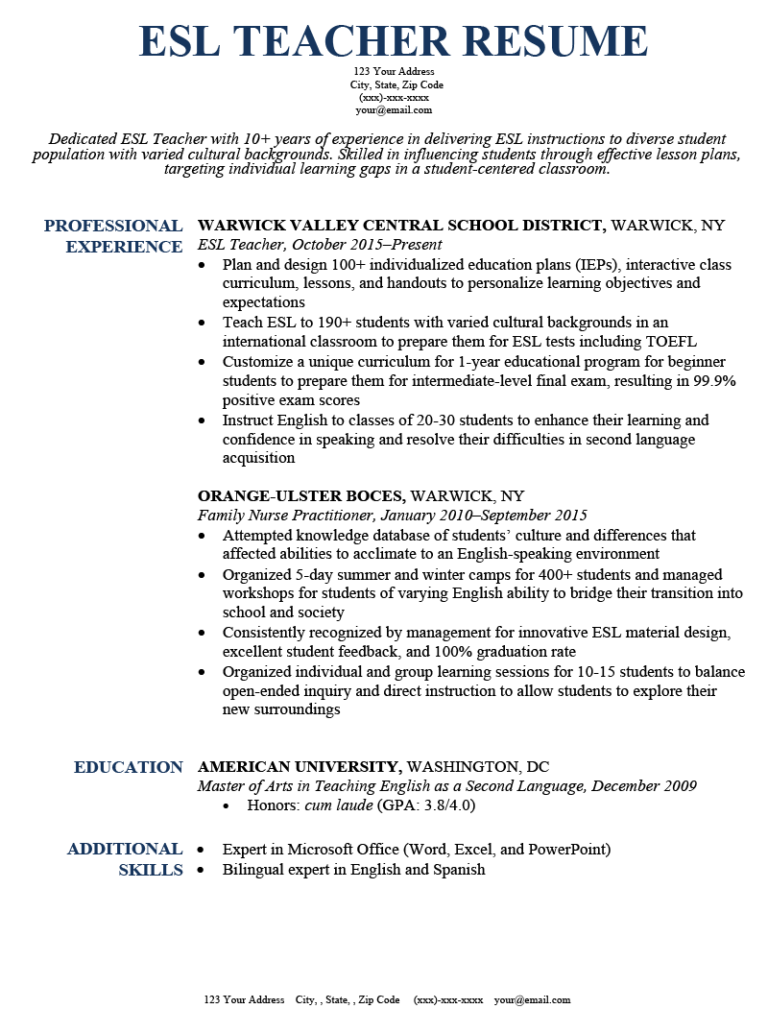 sample resume of esl teacher