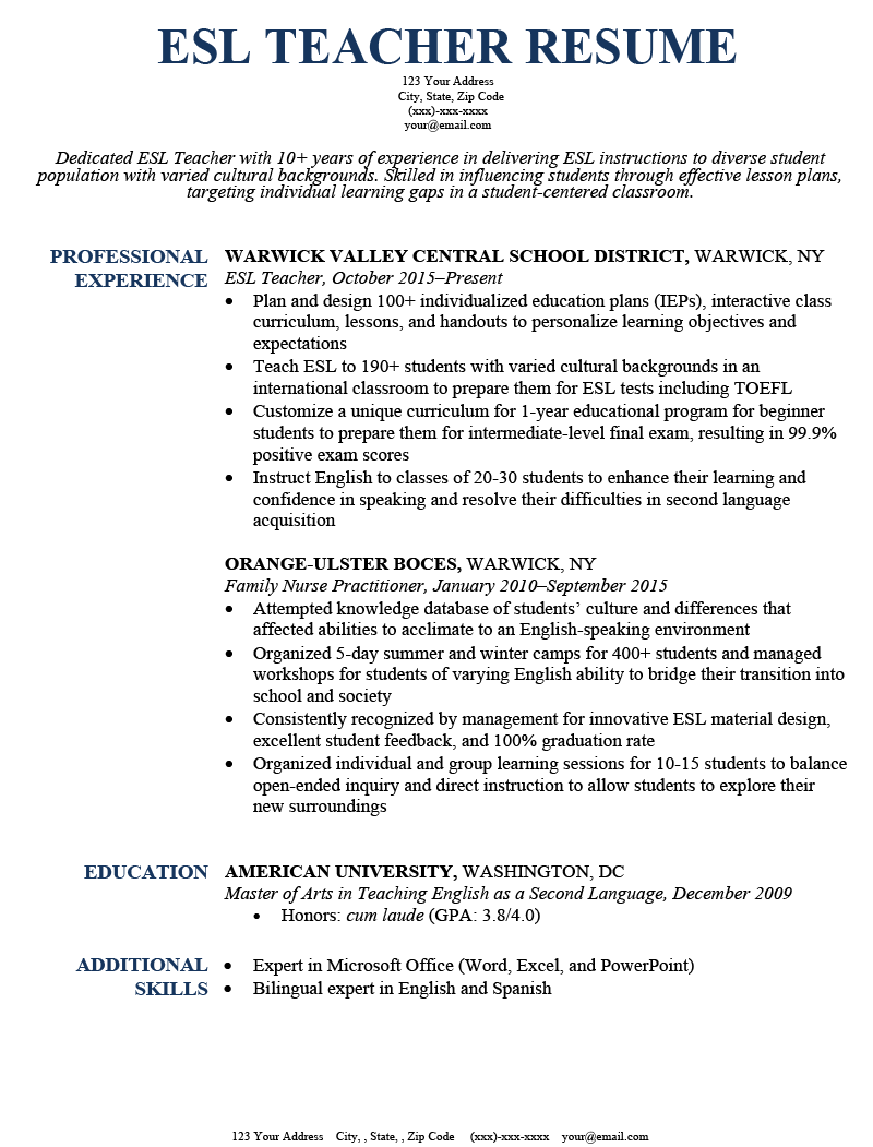 English Teacher Resume Sample ScottReyes Blog   ESL Teacher Resume Sample 1 