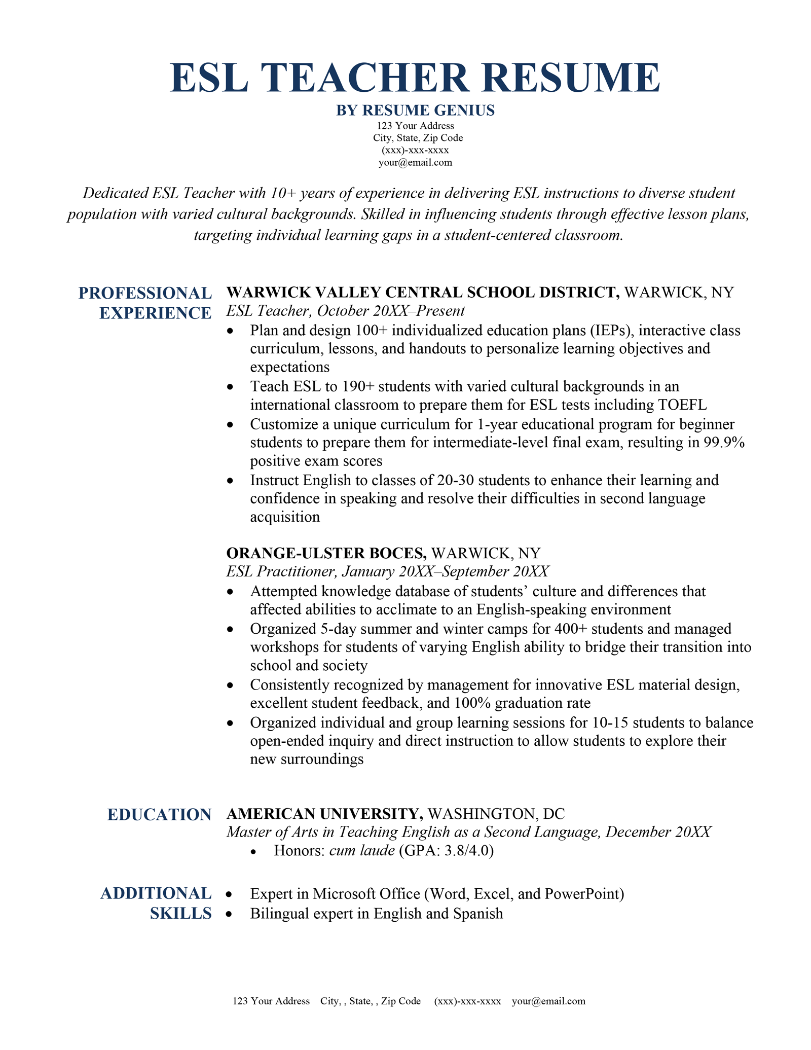 An Example of an ESL Teacher Resume