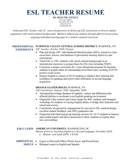 An Example of an ESL Teacher Resume