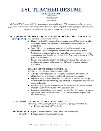 An Example of an ESL Teacher Resume