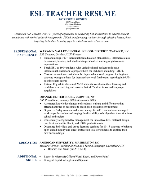 An Example of an ESL Teacher Resume