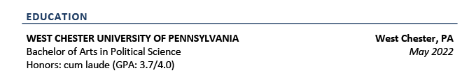 An example of education listed on a chronological resume, with the university, degree, and honors listed on the left, and the location and graduation date listed on the right.