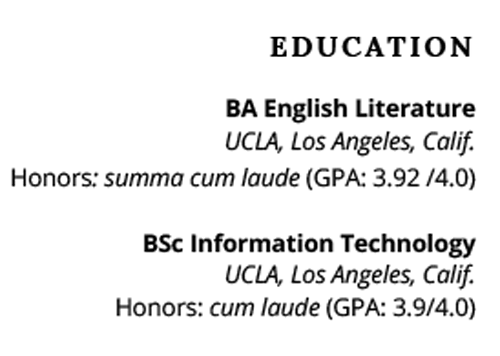 Dual degrees presented on a resume.