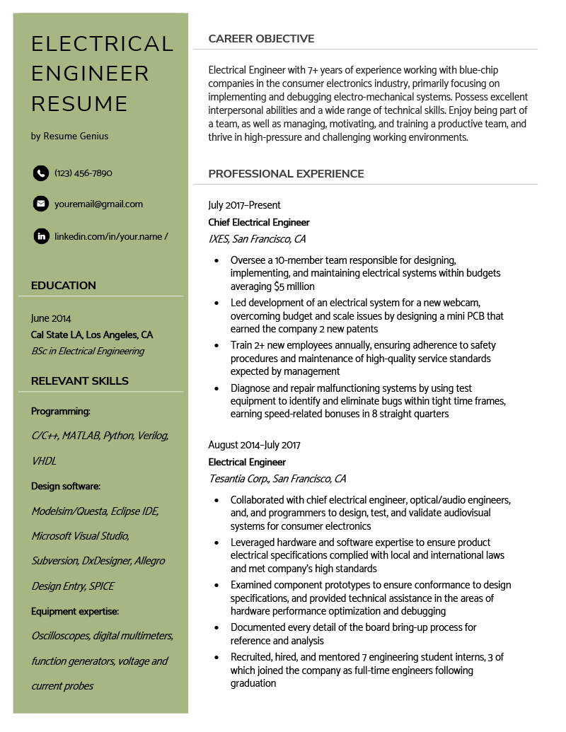 An image of an electrical engineer resume example
