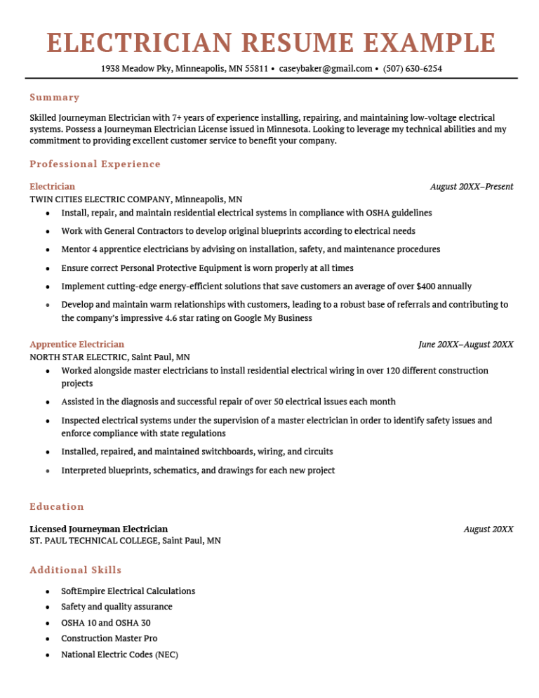 example resume for an electrician