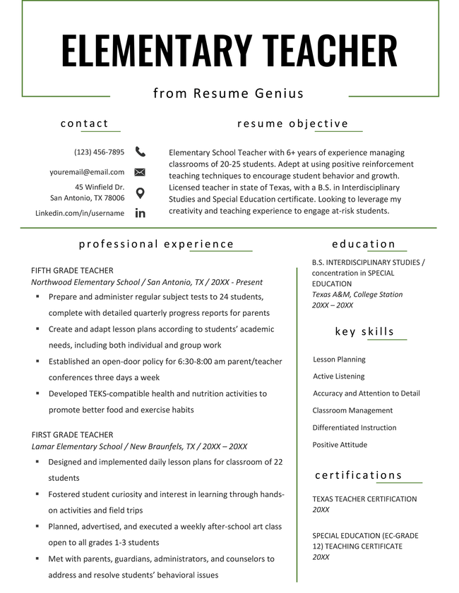 An image of an elementary teacher resume sample with cursive-writing highlights to make the applicant stand out