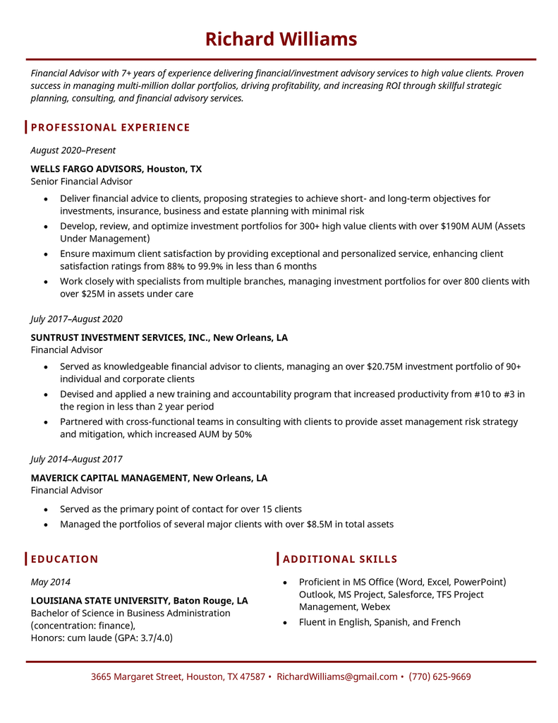 The Empire State basic resume template in red, which uses subtle horizontal and vertical lines to distinguish sections