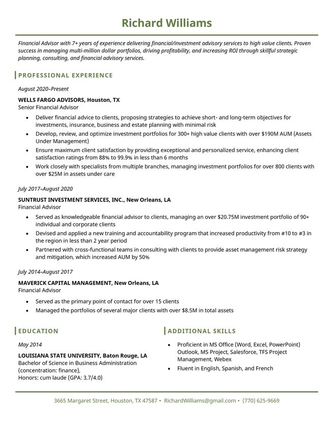 The Empire State basic resume template in green, which uses subtle horizontal and vertical lines to distinguish sections