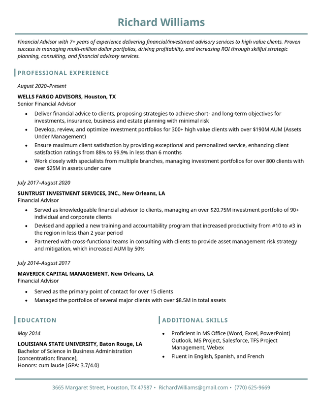 The Empire State basic resume template in turquoise, which uses subtle horizontal and vertical lines to distinguish sections