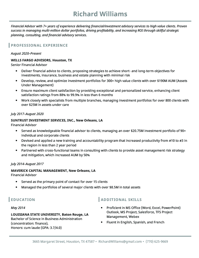 The Empire State basic resume template in turquoise, which uses subtle horizontal and vertical lines to distinguish sections