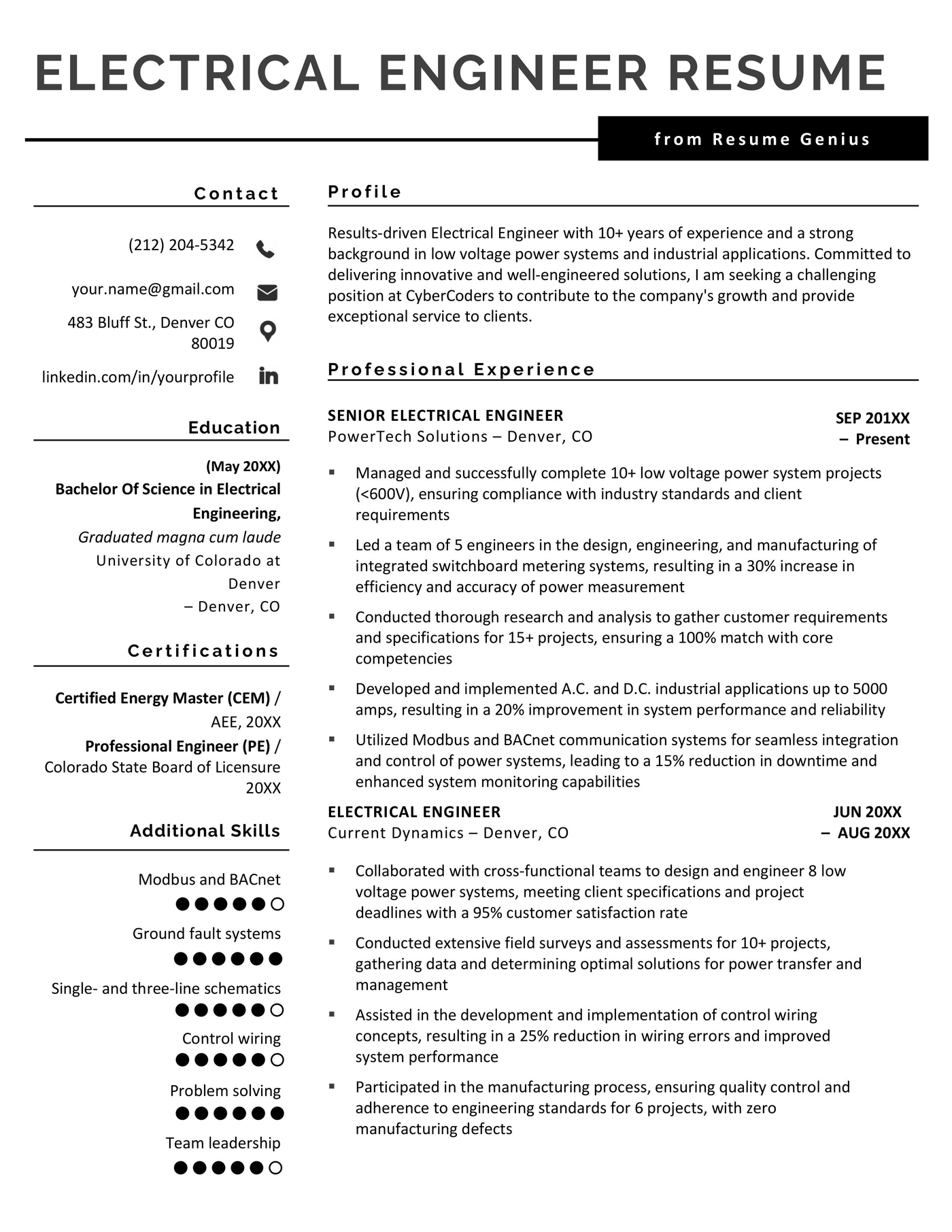 Sample electrical engineer resume for an experienced candidate with a lot of hard and soft engineering skills for their resume. 
