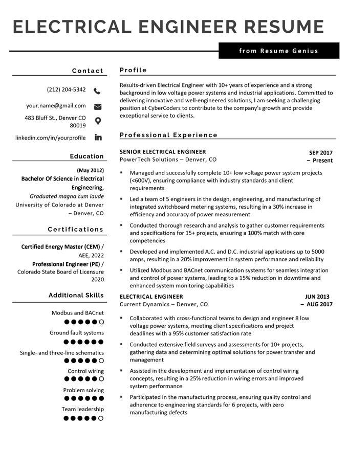 Sample electrical engineer resume for an experienced candidate with a lot of hard and soft engineering skills for their resume. 