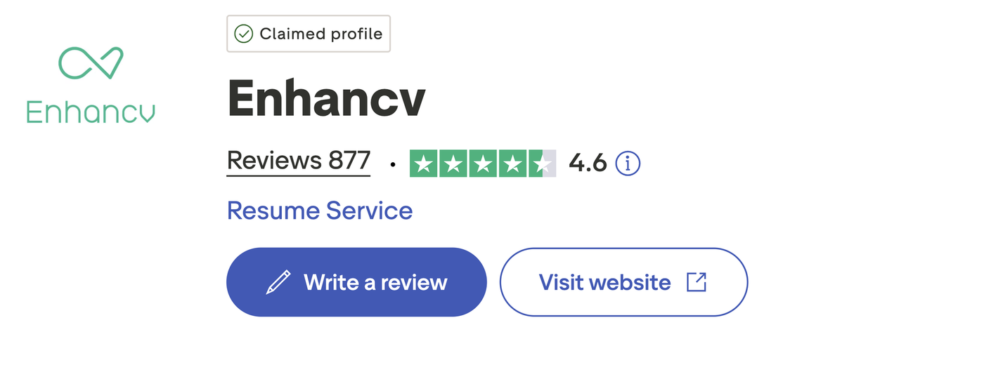 A screenshot of reviews of Enhancv resume builder on Trustpilot.