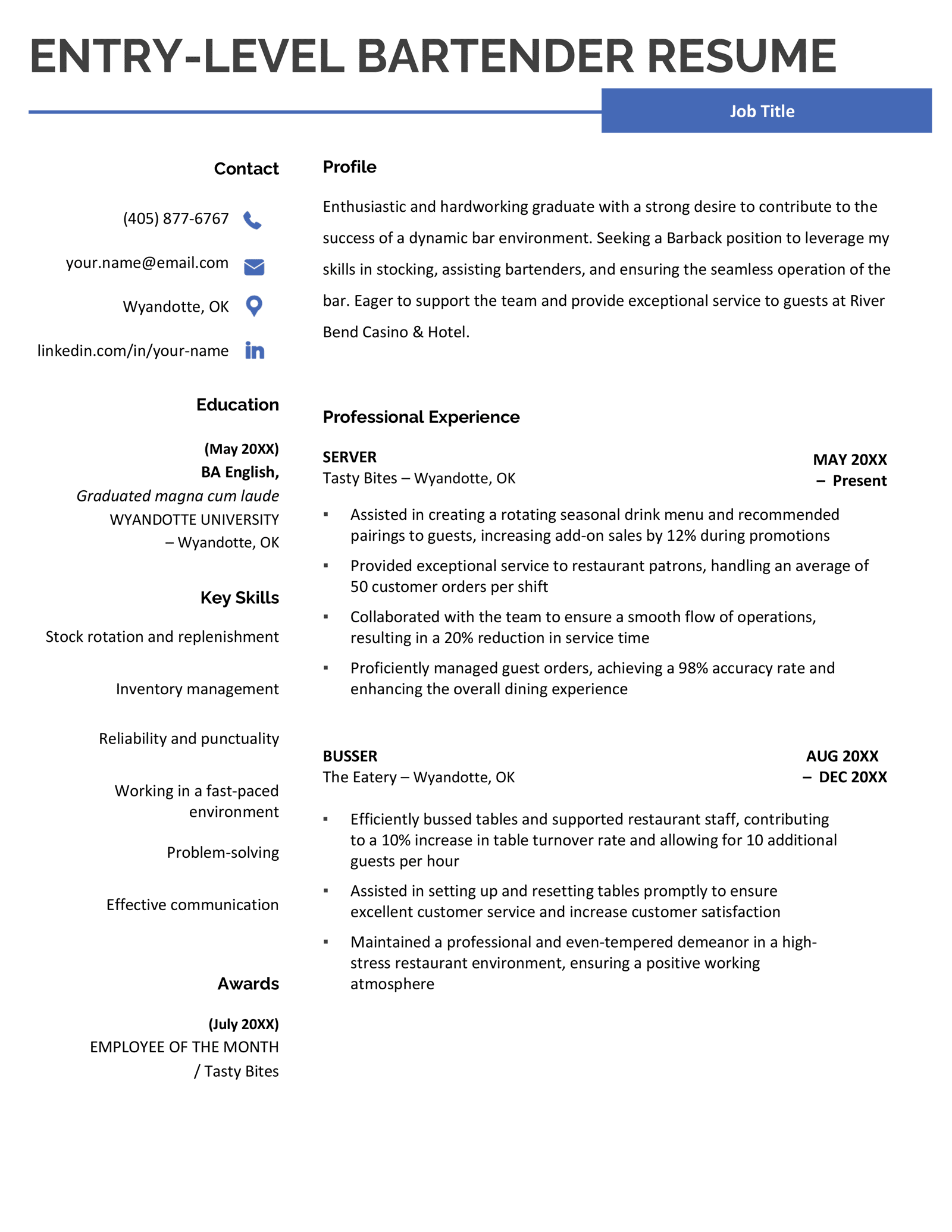 Example of an entry-level bartender resume that includes serving and bussing experience in a two-column resume layout with a blue header underline and features.