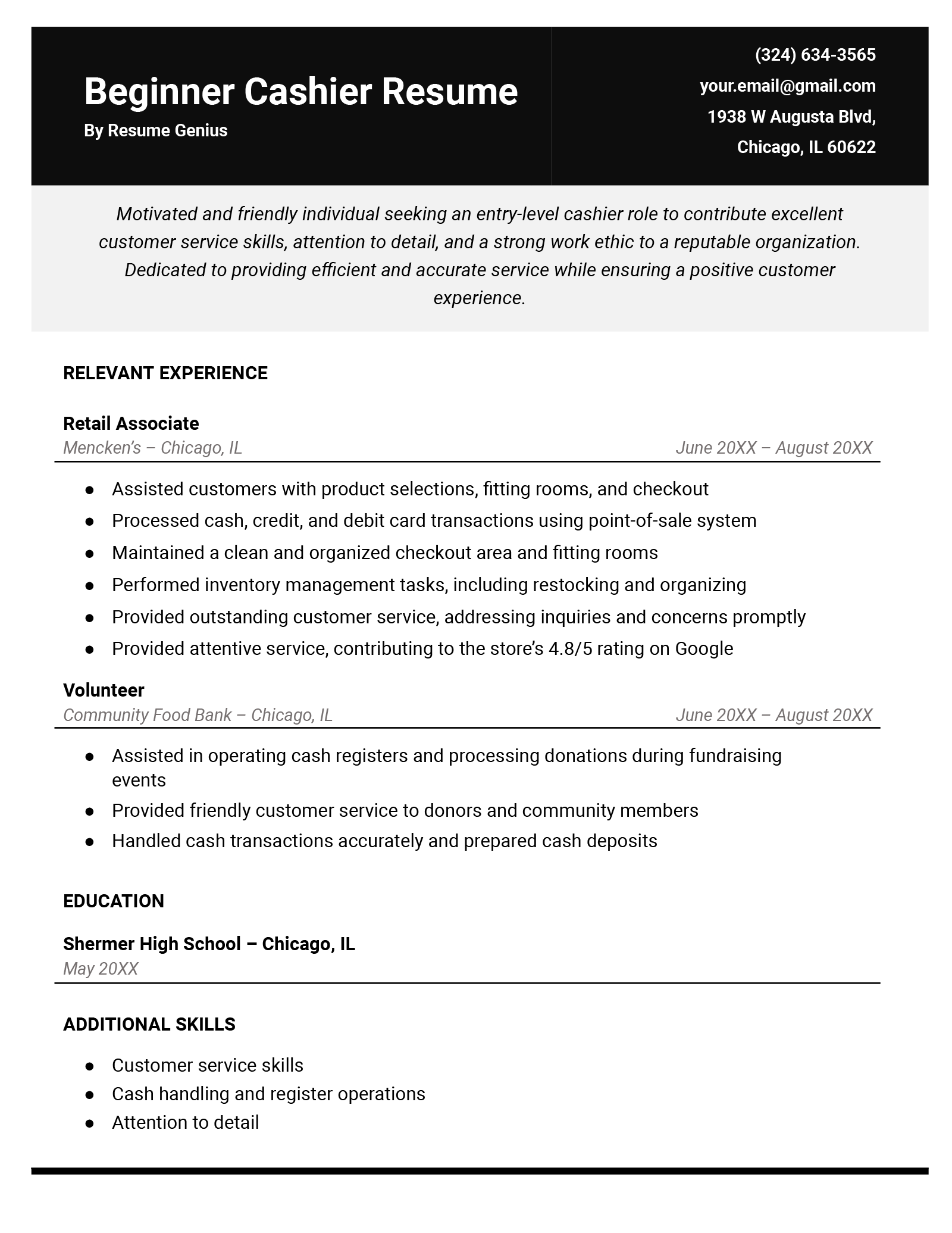An example of a resume for a beginner cashier job.