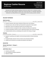 An example of a resume for a beginner cashier job.