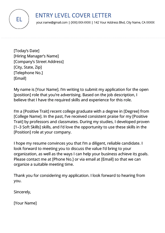 An example of an entry level cover letter template for a candidate with no work experience