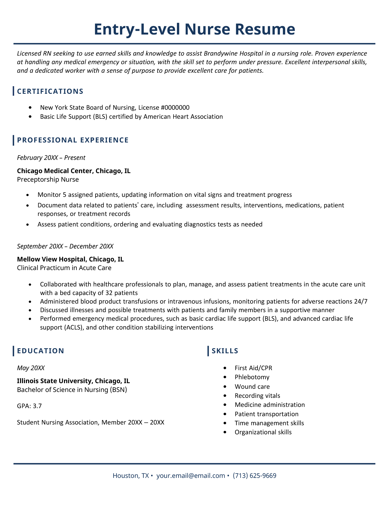 An image of an entry-level nurse resume