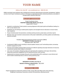 An entry-level project coordinator resume example.