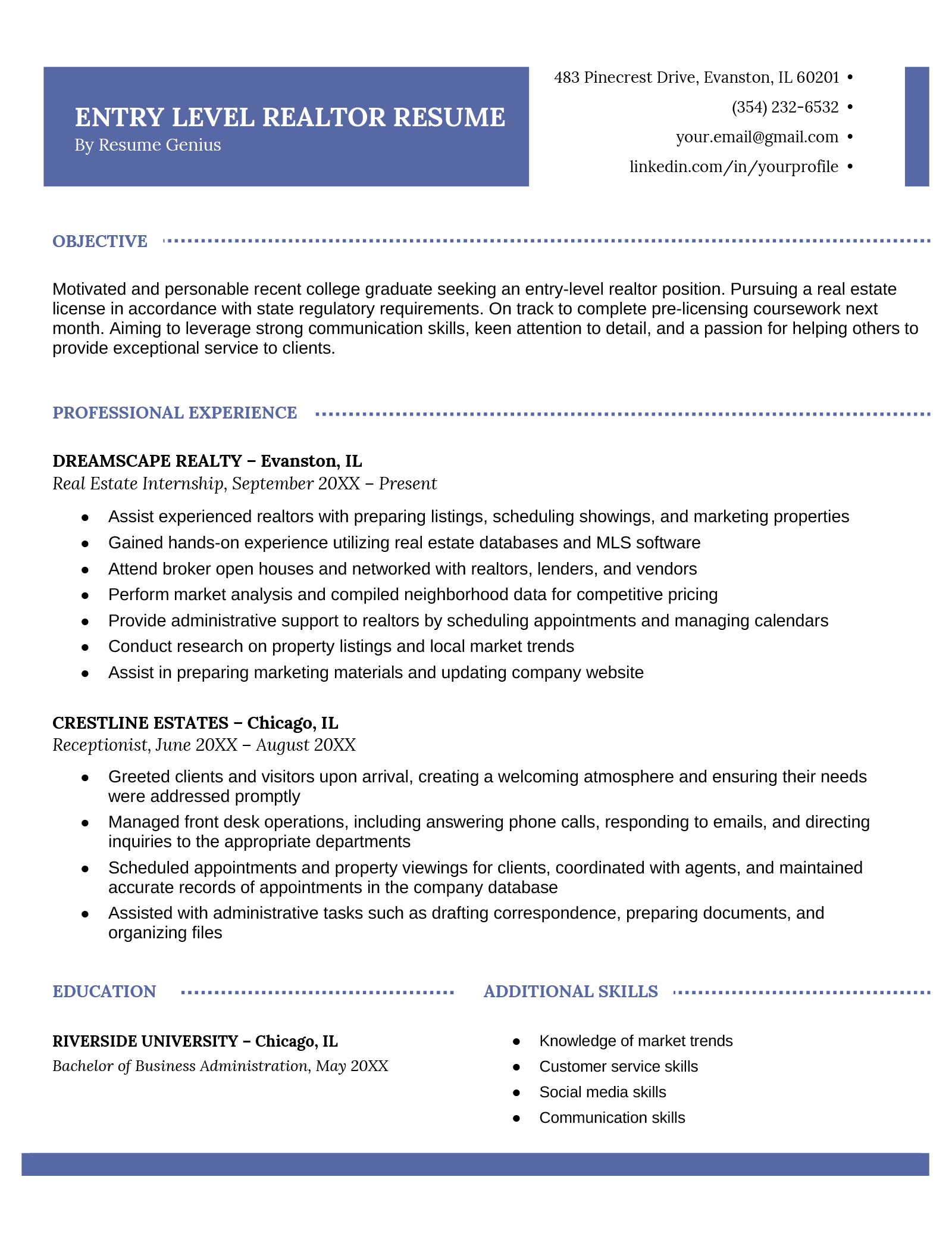An example of an entry level real estate agent resume.