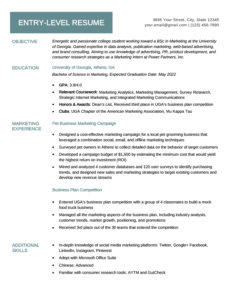 An image of an entry-level resume