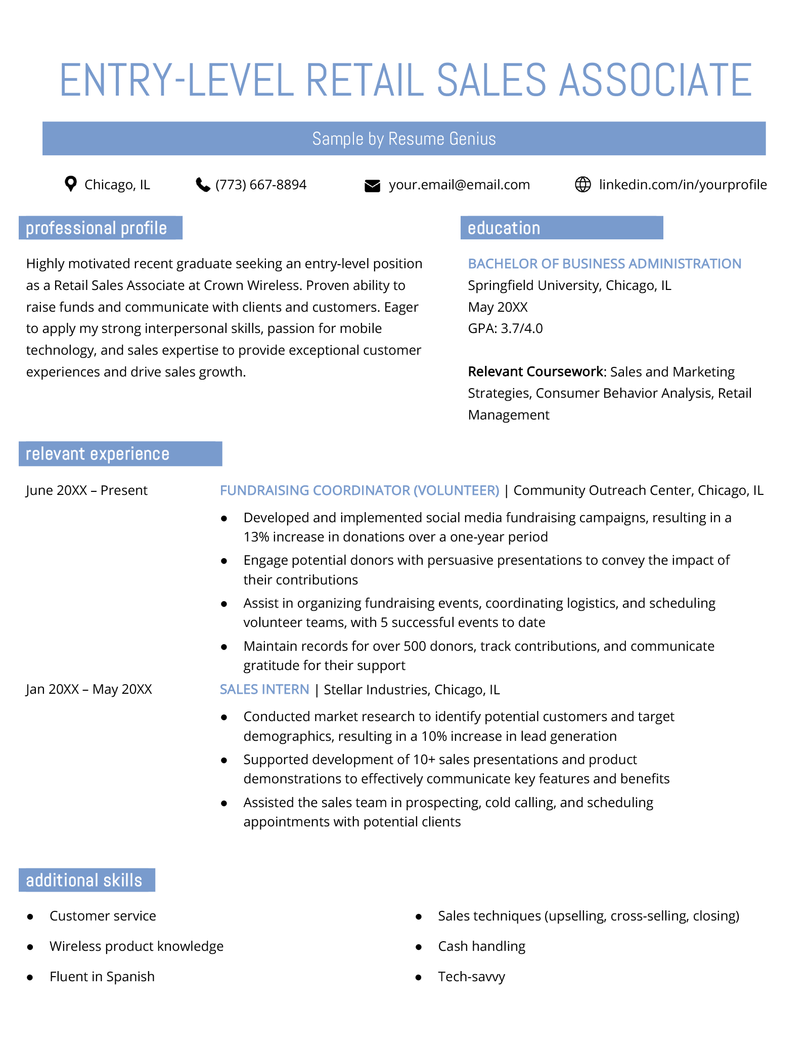 An example entry-level retail sales associate resume.