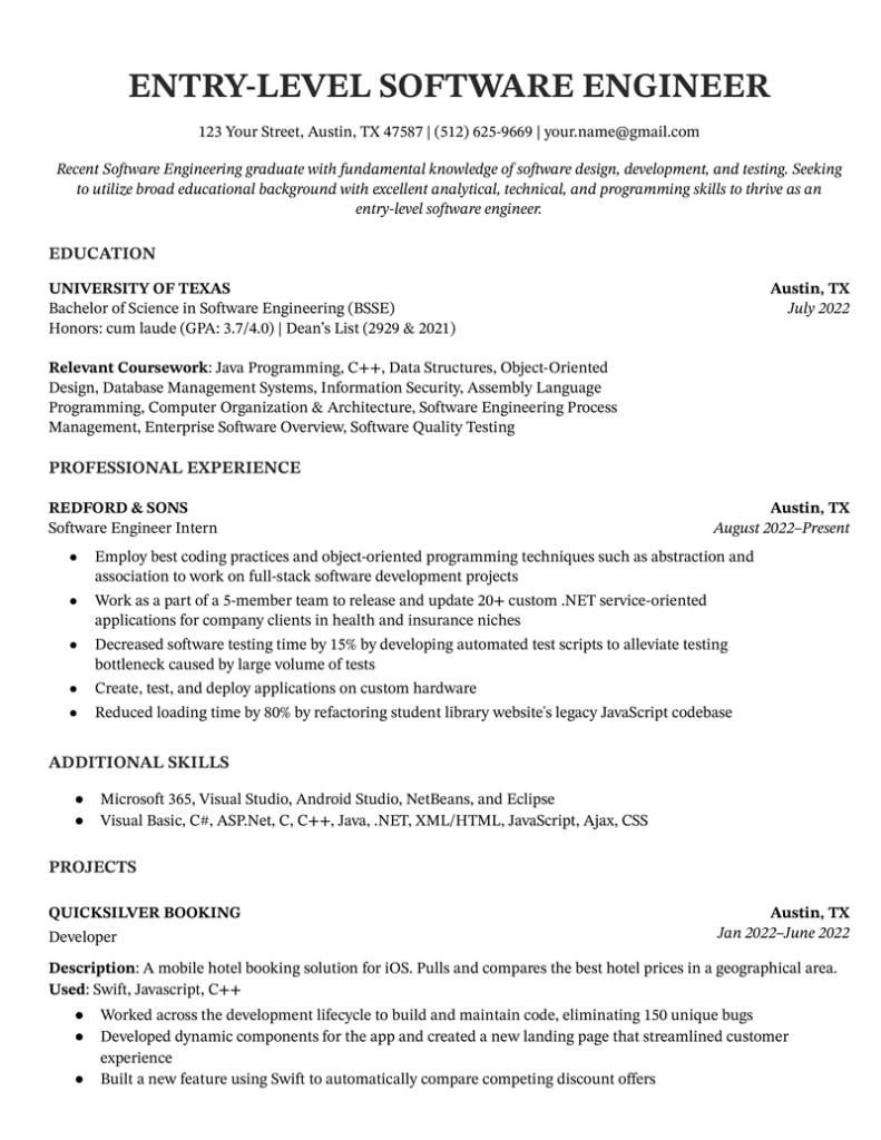 sample resume for entry level software developer