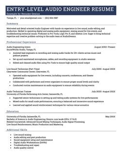 Example of an entry level audio engineer resume