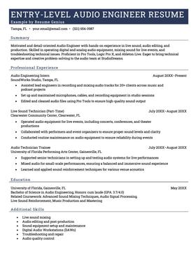 Example of an entry level audio engineer resume