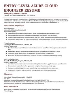 Entry level Azure cloud engineer resume
