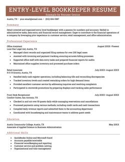 Example of an entry level bookkeeper resume