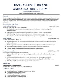 Example of an entry level brand ambassador resume