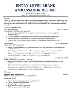 Example of an entry level brand ambassador resume