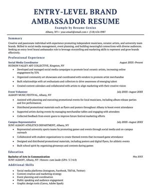 Example of an entry level brand ambassador resume
