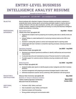 Example of an entry level business intelligence analyst resume