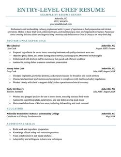 Example of a resume for an entry level chef