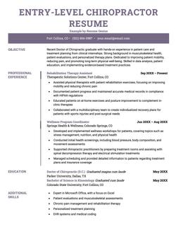Entry-level chiropractor resume example and template.