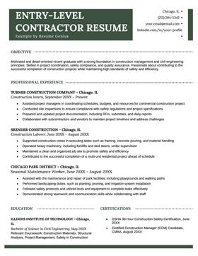 Entry-level contractor resume example and template