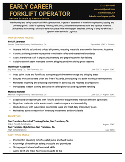 An image of a sample resume for a forklift driver early in their career with 2 years of experience.