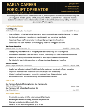 An image of a sample resume for a forklift driver early in their career with 2 years of experience.