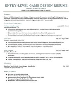 Entry-level game design resume example and template