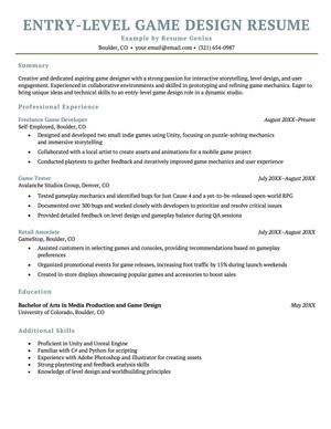 Entry-level game design resume example and template