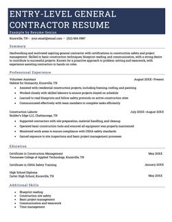 Entry-level general contractor resume example and template