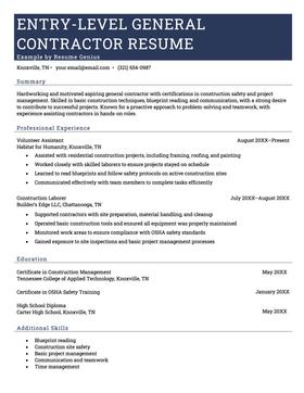Entry-level general contractor resume example and template
