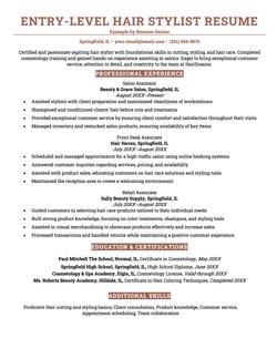 Entry-level hair stylist resume example and template